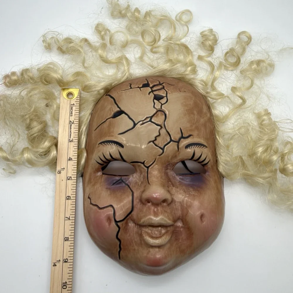 Creepy Cracked Doll Face Mask Blonde Hair Adult Halloween Horror Costume